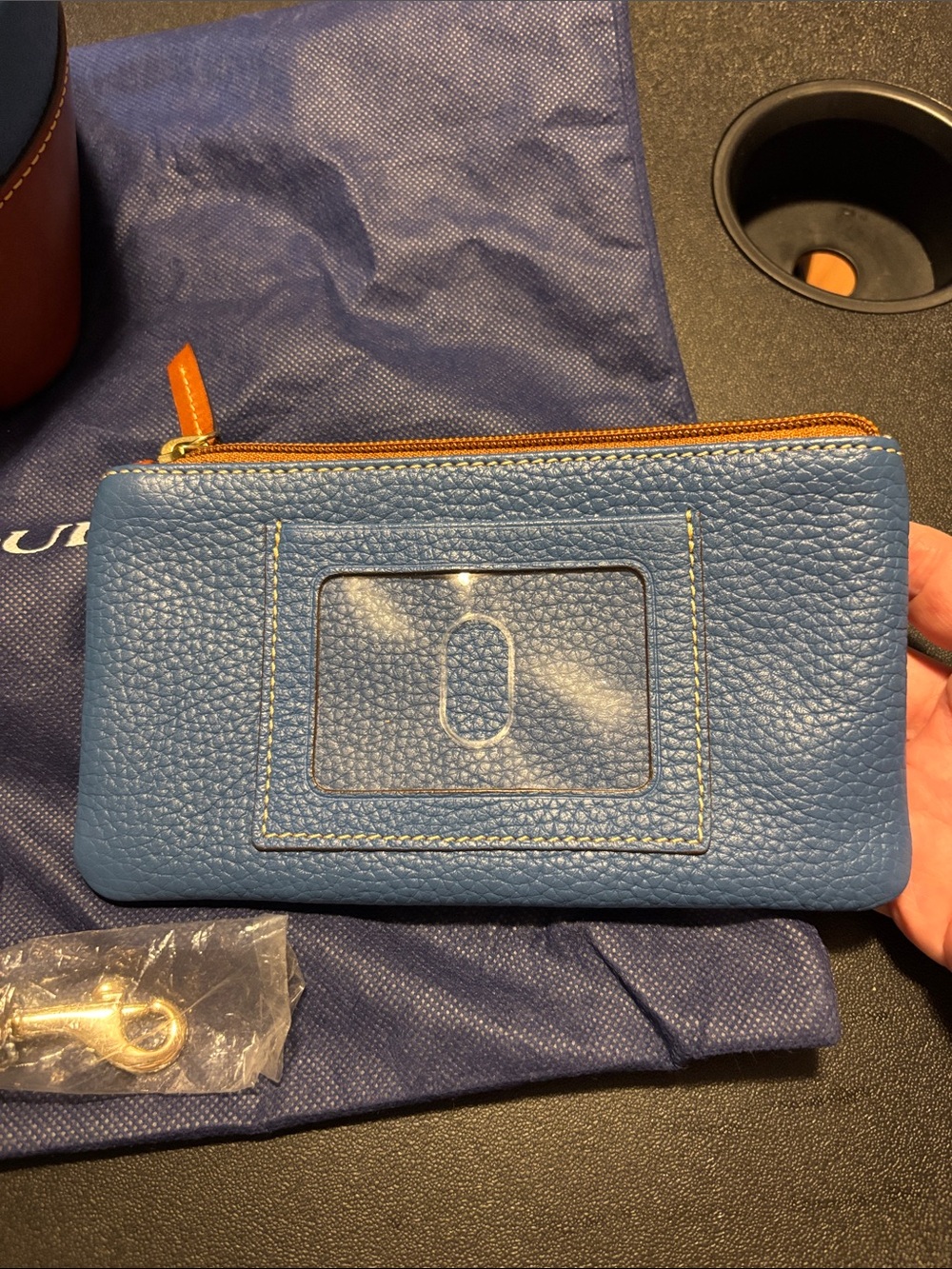 Dooney & Bourke Blue Pebbled Leather Satchel with Brown Trim and Wristlet - Picture 4 of 16